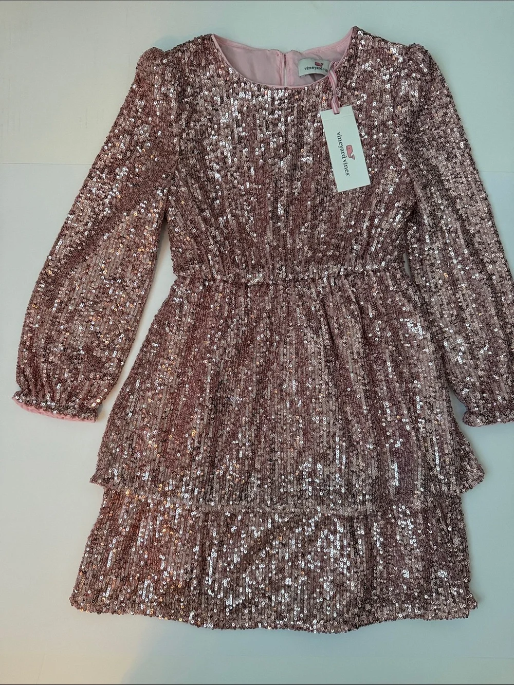 Vineyard Vines Girls' Rose Gold Sequin Tiered Long-Sleeve Dress